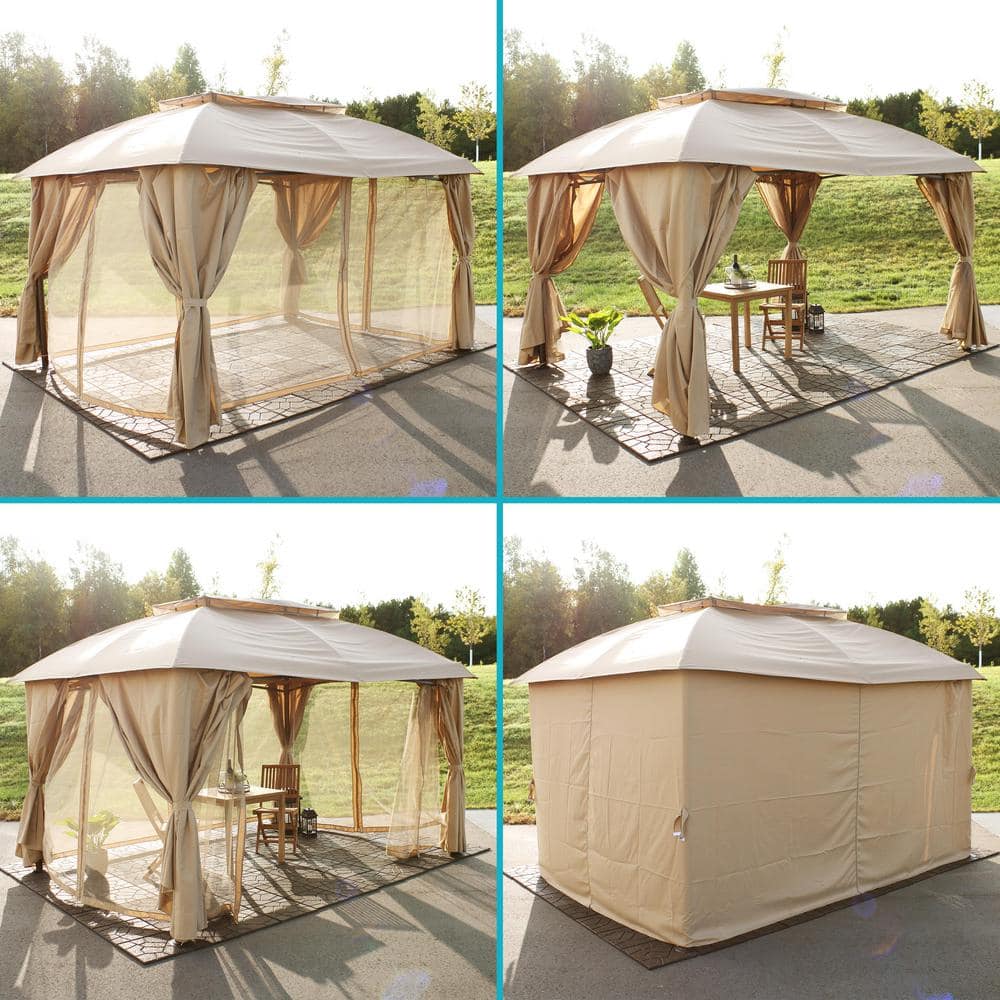 Tan Soft-Top Patio Gazebo with Screens and Privacy Walls