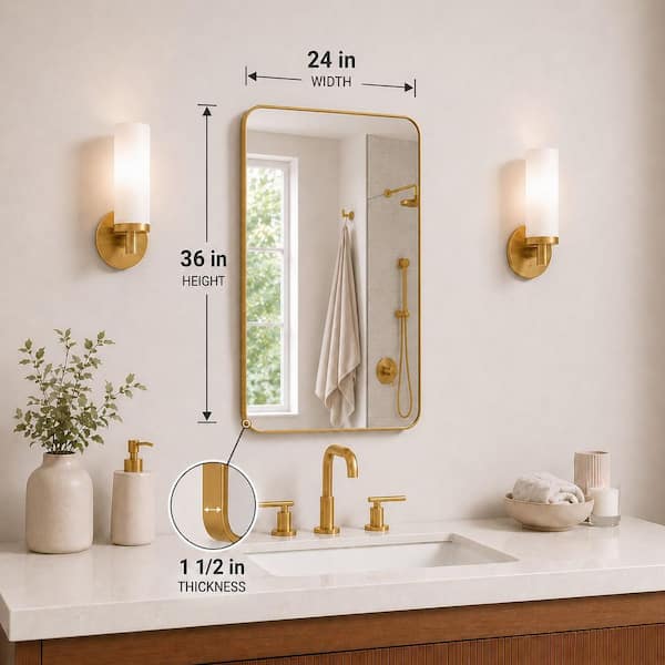 24 in. W x 36 in. H Rectangular Framed Wall Bathroom Vanity Mirror in Brass