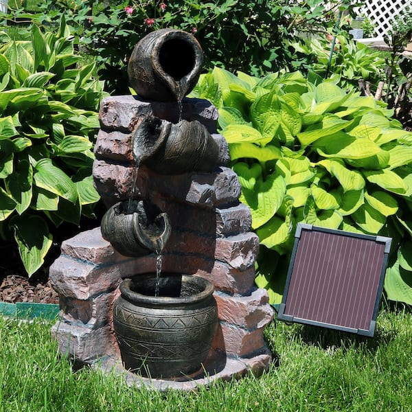 Sunnydaze Decor 27 In Crumbling Bricks, Solar Powered Multi Layer Garden Water Feature Fountain With Led Lights