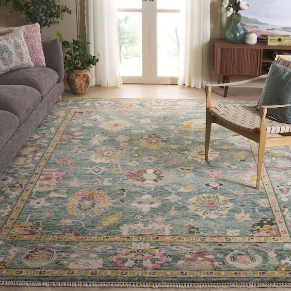 Samarkand 9 ft. x 12 ft. Green/Pink Cottage Oushak Floral Area Rug