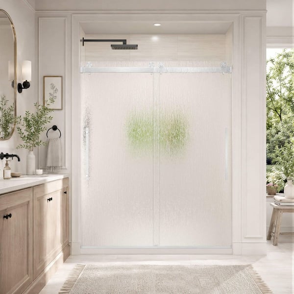 56 in. - 60 in. W x 74 in. H Double Sliding Frameless Shower Door in Brushed Nickel with Rain Tempered Glass