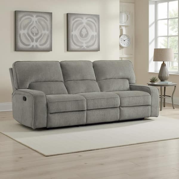 Benjara 98.5 in. Flared Arm Chenille Rectangle Recliner Sofa in Gray