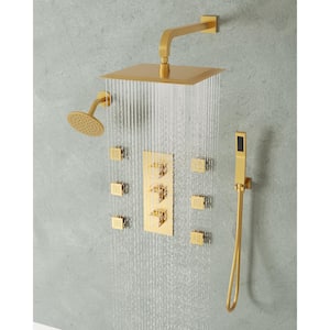 Thermostatic Triple Handles 8-Spray Patterns Shower Faucet 2.5 GPM with Anti Scald in Brushed Gold