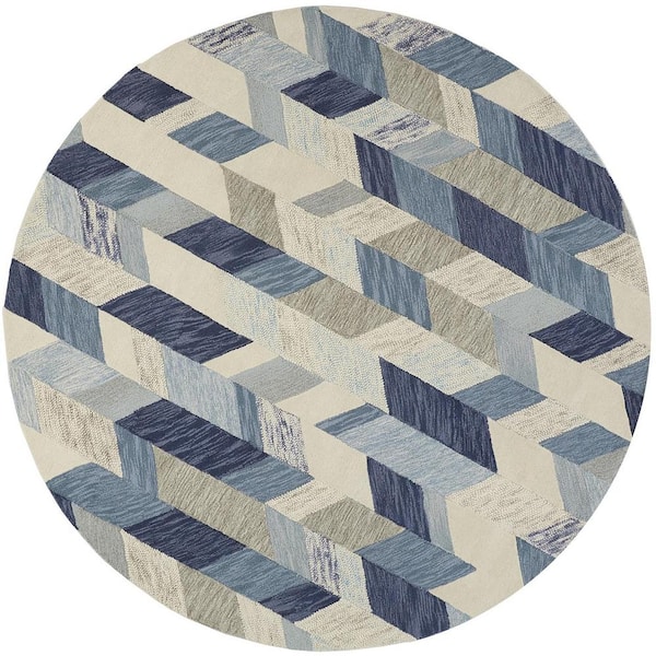 HomeRoots 8' Round Blue and Ivory Geometric Area Rug