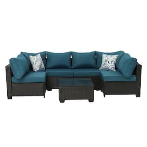 7-Piece Dark Brown Rattan Wicker Outdoor Patio Sectional Sofa Set with Peacock Blue Cushions and Coffee Table