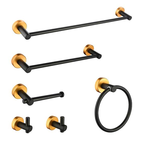 Amii 6-Piece Bath Hardware Set Included Towel Bar, Towel Ring, Robe Hook, Toilet Paper Holder in Black Gold