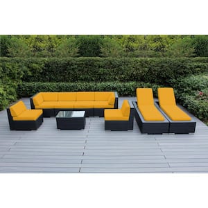 Black 9-Piece Wicker Patio Combo Conversation Set with Sunbrella Sunflower Yellow Cushions