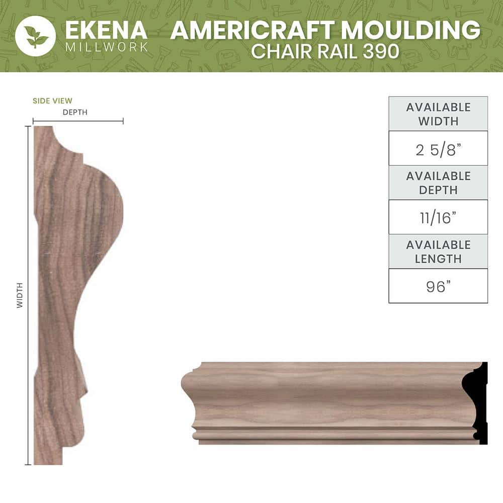 Red Oak Solid Hardwood Chair Rail Moulding, 96" Length