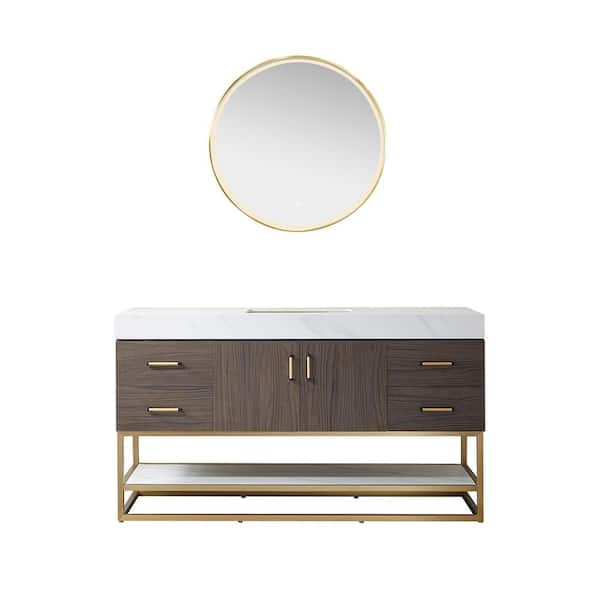 ROSWELL Toledo 60 in. W x 22 in. D x 34 in. H Single Sink Bath Vanity in Dark Walnut with White Composite Stone Top and Mirror