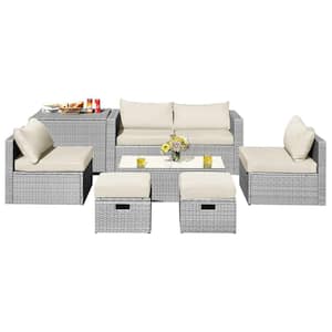 8-Piece All Weather PE Wicker Garden Outdoor Patio Conversation Sofa Set with Off White Cushions and Waterproof Cover