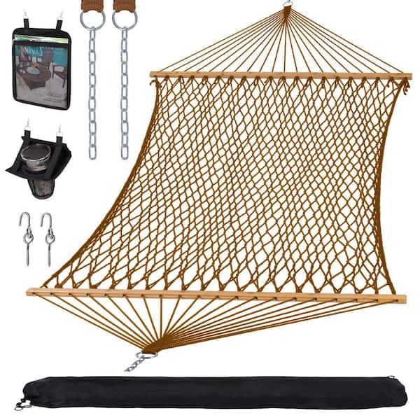 Angel Sar 13 ft. 2-Person Portable Rope Hammock with Spreader Bar, Tree Hooks, Magazine Bag, Bottle Holder and Carrying Bag, Brown