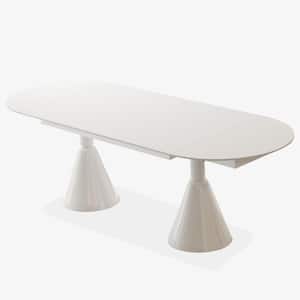 Modern Dining Table Rectangle, White Stone Top, 35.4  in. W 94.4  in. D, Double Pedestal, Dining Table Seats 10+ People.