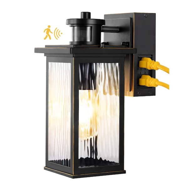 EDISHINE 11.8 in. Black Motion Sensing Dusk to Dawn Outdoor Hardwired Wall Light Lantern Scone with Built-in 2 GFCI Outlet