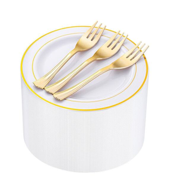 120-Piece White Plastic Dessert Plate and Gold Fork Set with Gold Rims