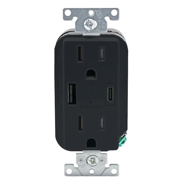15 Amp Decora Type A and C Black USB Charger Tamper-Resistant Outlet AC1X3-BE