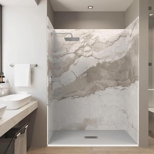 Italian Beige 32 in. x 60 in. x 84 in. Solid Composite Stone Alcove Shower Kit w/ Walls and White Pan Base Center Drain