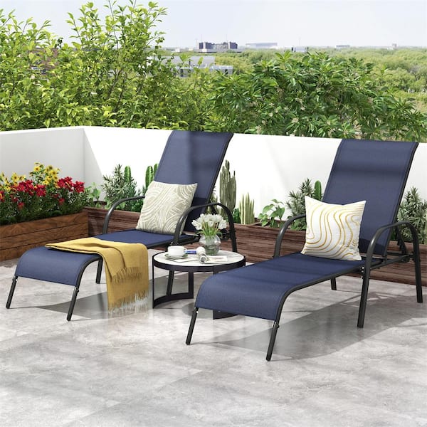 HONEY JOY 2-Piece Metal Outdoor Chaise Lounge Chair Adjustable Reclining Bed with Backrest and Armrest in Navy