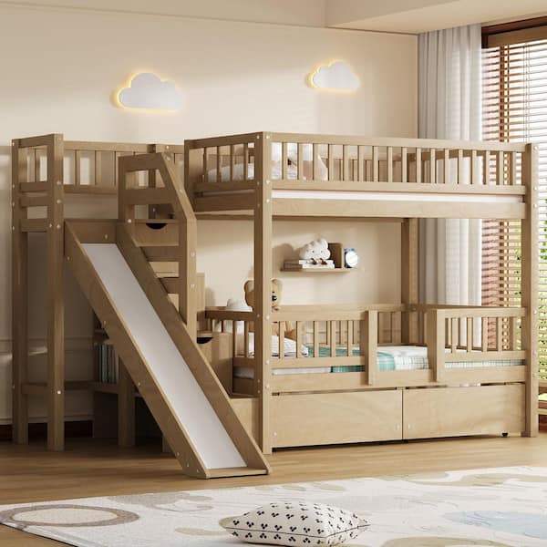 Dramora Modern Walnut Finish Twin Over Twin Wood Frame Bunk Bed with Storage Staircase, Slide and Drawers