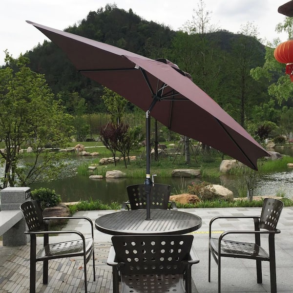 9 ft. Steel Outdoor Patio Umbrella Market Umbrella in Chocolate with Push Button Tilt and Crank