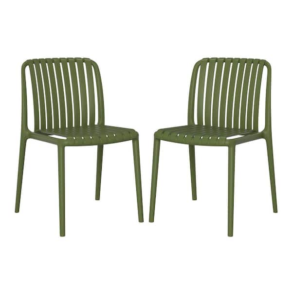 Frond and Form Outdoor Patio Stacking Poly Plastic Slatted Dining Side Chair (Set of 2), Olive Green