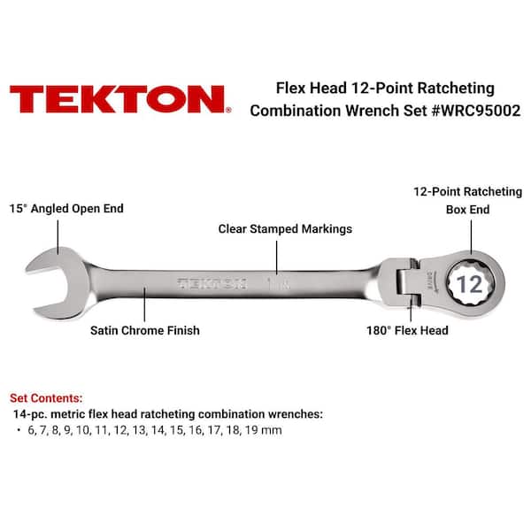14-Piece (6-19 mm) Flex Head 12-Point Ratcheting Combination Wrench Set