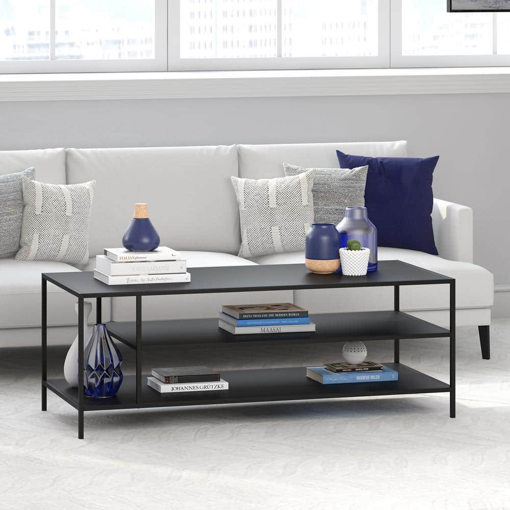 Modern Rectangular 46'' Metal Coffee Table with Glass Shelves in Blackened Bronze