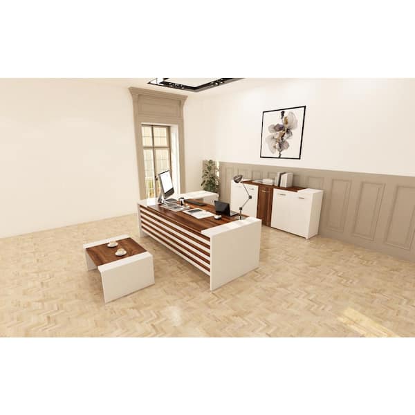 LEON 87″ Modern L-Shaped Home & Office Furniture Desk White & Brown