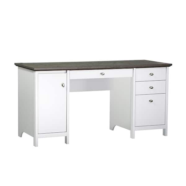 SAINT BIRCH Olivia 59.5 in. Gray Oak and White Wood 4-Drawer Writing Desk