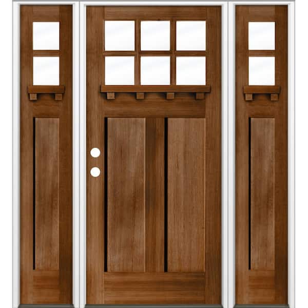 Krosswood Doors 64 in. x 80 in. Craftsman Right-Hand/Inswing Clear Glass Provincial Stain Wood Prehung Front Door Double Sidelite