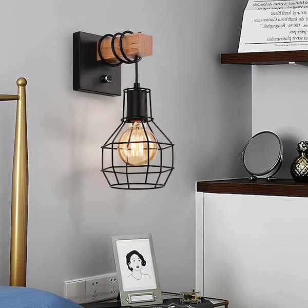 TOZING 8.66 in. 1-Light Vintage Wooden Rustic Dimmable Wall Sconce for Indoor Living Room Bedroom with Black Cage Shade,1-Piece