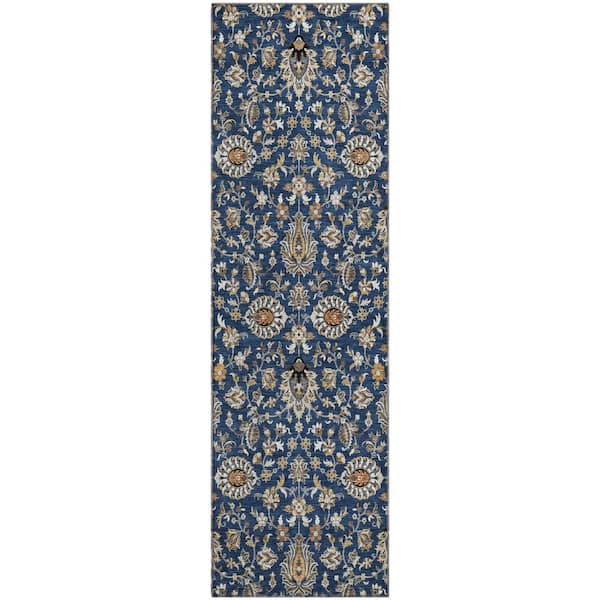 Mayfield Premium Machine Washable Abstract AMF2192 Navy 2 ft. x 7 ft. Runner Rug