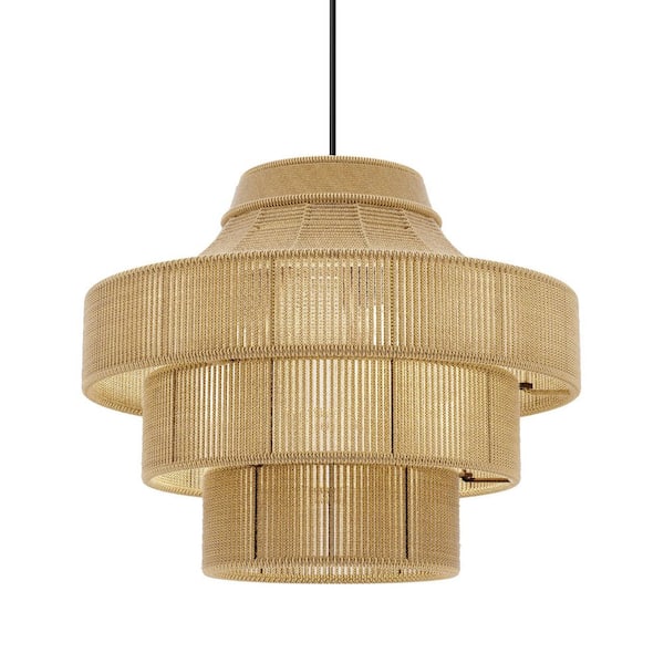 Bohemian 3-Light 3-Tier Brown Hand Woven Hemp Rope Pendant Light for Living Room Kitchen Island with No Bulb Included