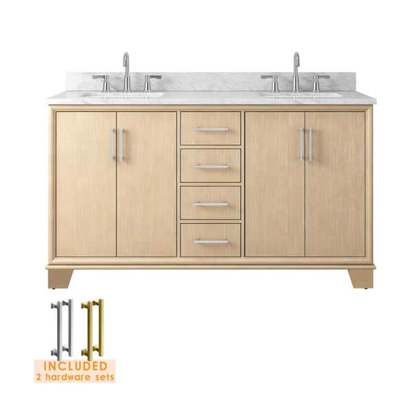 Nanterre 61 in. Double Sink Desert Birch Bath Vanity with White Natural Carrara Marble Top (Assembled)