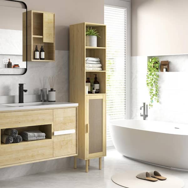 Natural 33.1 in. Bathroom Accent Storage Cabinet with 3-Shelves and Rattan Door