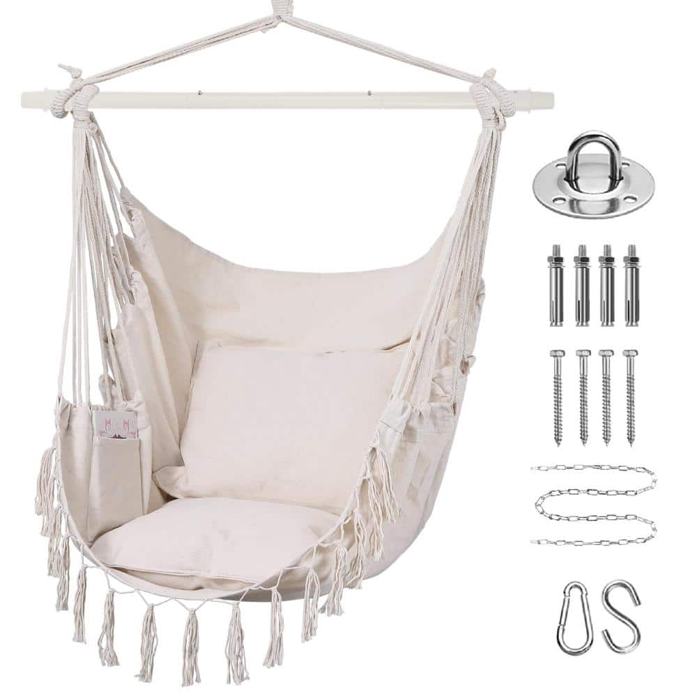 Macrame Boho Hanging Rope Chair with 2 Cushions, Ceiling Swing for Indoor Outdoor Use, 330 lb Capacity, 60 x 47