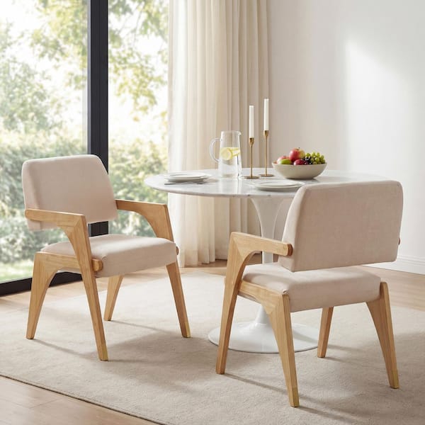Frank Mid-Century Modern Beige+Natural Polyester Upholstered Dining Chairs, Arm Chair Set of 2