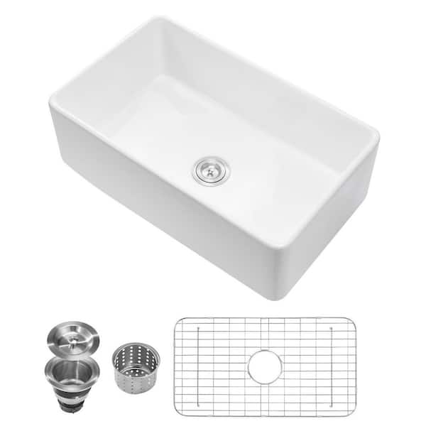 33.5 x 20 in. White Farmhouse Sink, Fireclay Apron Front Single Bowl with Accessories, Undermount Kitchen Workstation