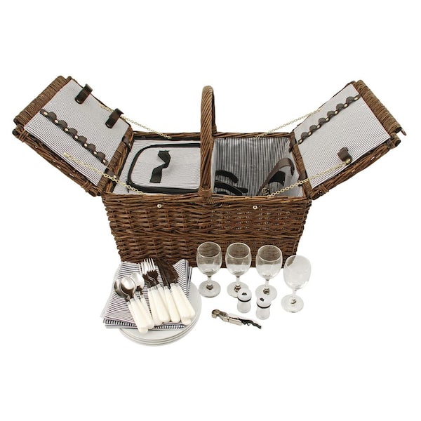 Twine Cape Cod Picnic Basket, Place Settings, Wine Glasses, Corkscrew, Insulated Compartments
