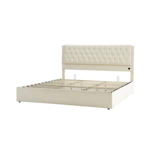 Lazaro Beige Wooden Queen Platform Bed with USB Charging Ports and Storage