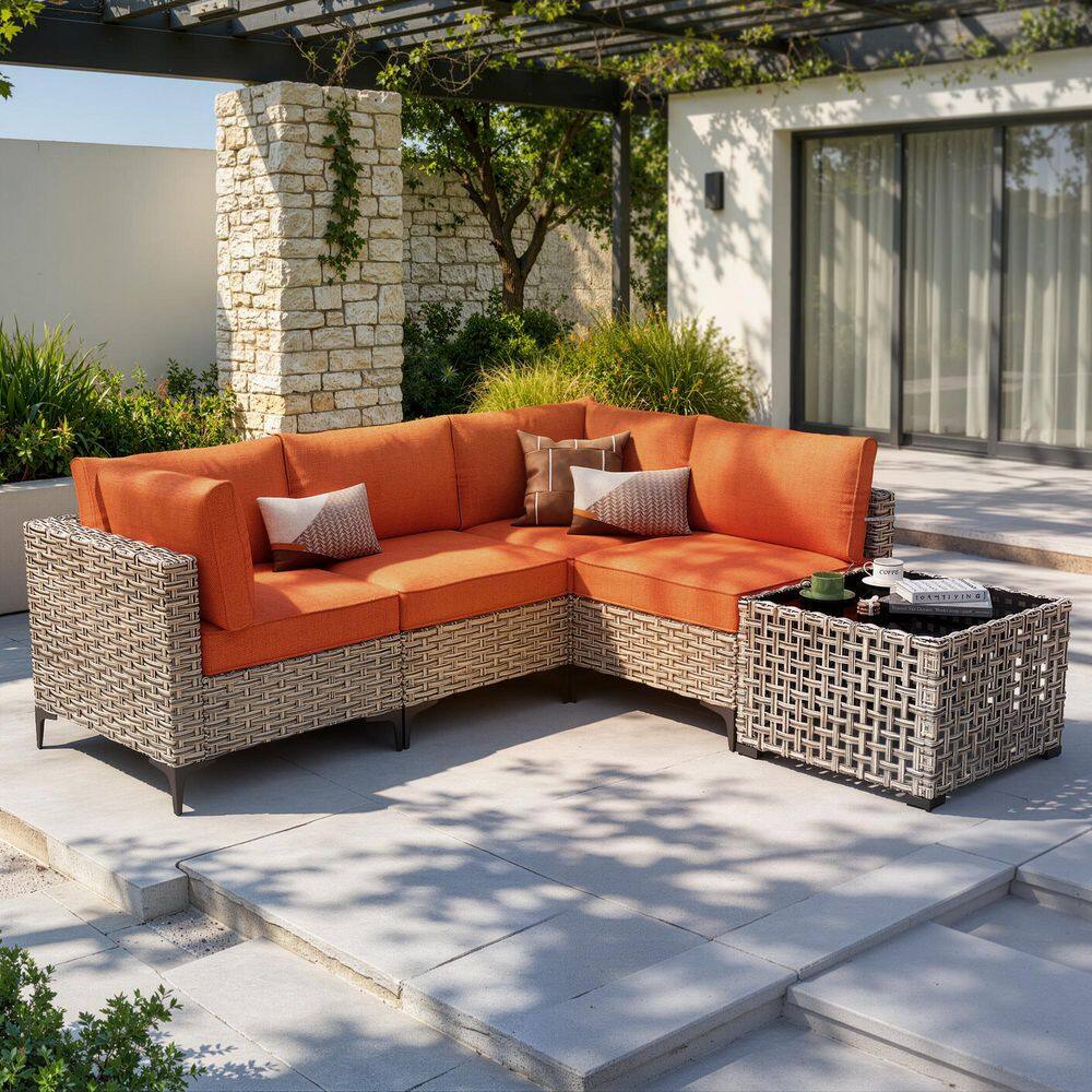 Melly Gray 5-Piece Wicker Patio Conversation Seating Set with Bold-stripe Orange Red Cushions and Coffee Table