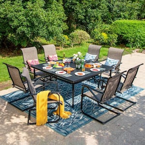 Black 9-Piece Metal Outdoor Patio Dining Set with Slat Square Table and C-Spring Textilene Chairs