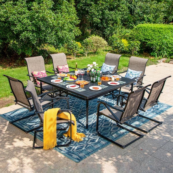 PHI VILLA Black 9-Piece Metal Outdoor Patio Dining Set with Slat Square Table and C-Spring Textilene Chairs