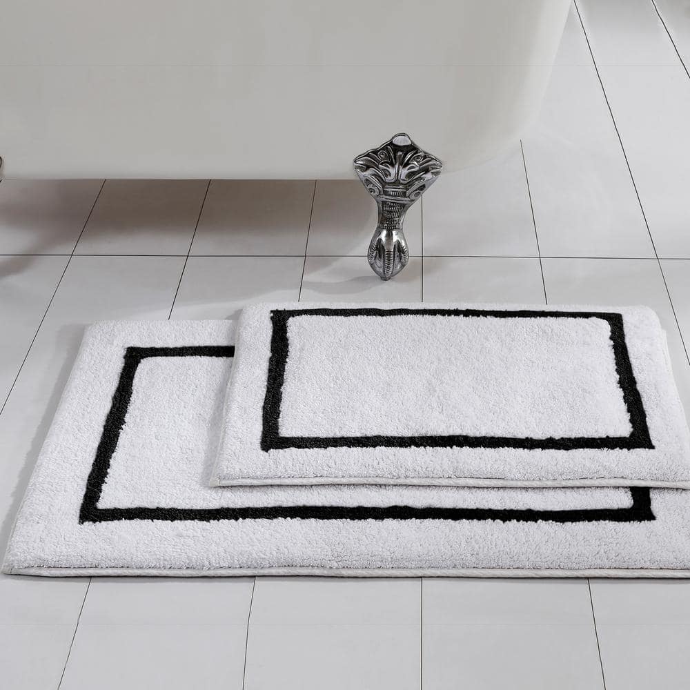 2-Pack Reversible Cotton Contrast Stripe 21x34 inch Bath Mat Set Black