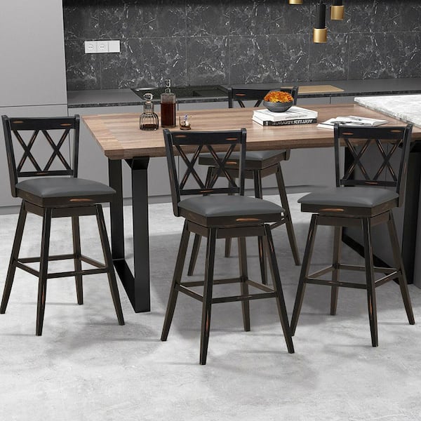 Set of 4 42.5 in. Barstools Swivel Bar Height Chairs with Rubber Wood Legs Black