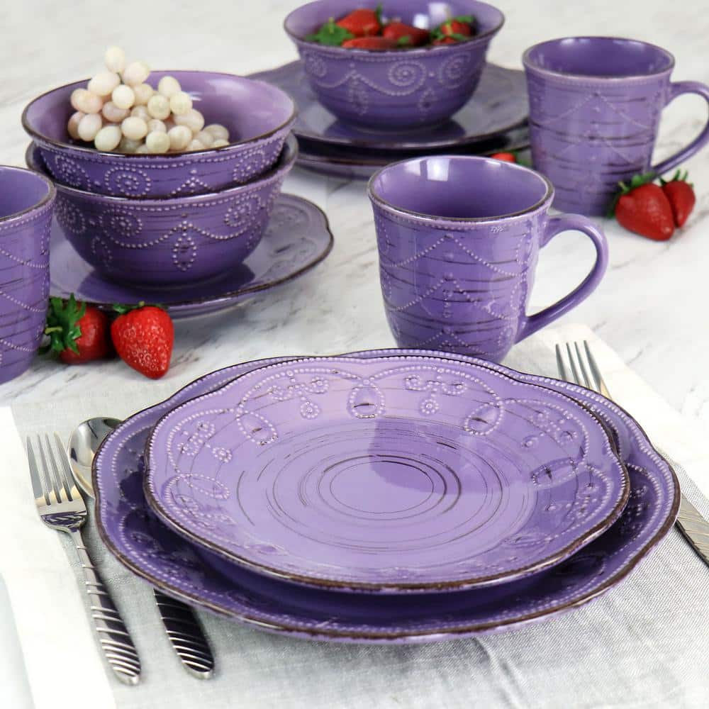 Purple Ceramic 16-Piece Rustic Birch Dinnerware Set