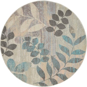 Tranquil Ivory/Light Blue 5 ft. x 5 ft. Floral Contemporary Round Area Rug