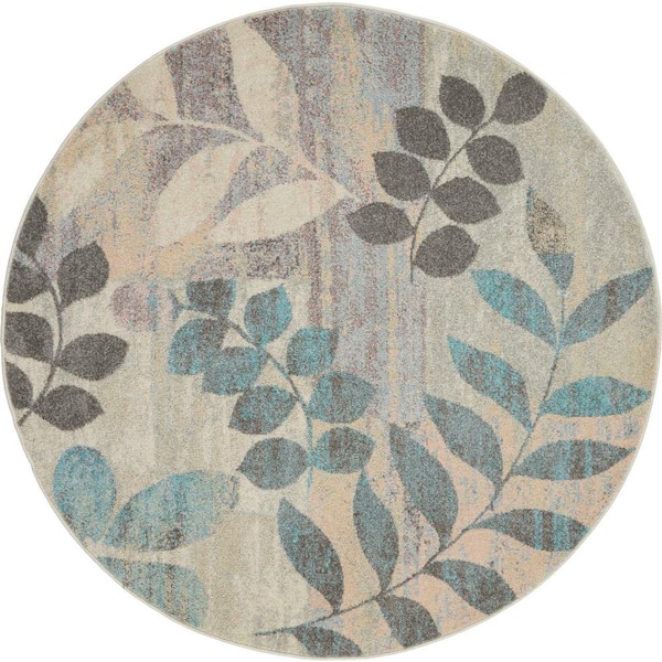 Nourison Tranquil Ivory/Light Blue 5 ft. x 5 ft. Floral Contemporary Round Area Rug