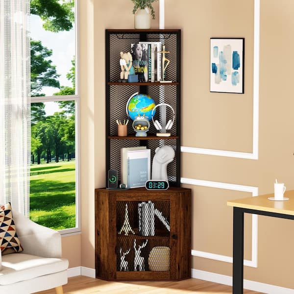 Tileon Corner Shelf with Doors, 65 in. Corner Cabinet with Shelves and Wine Glass Rack for Kitchen in Rustic Brown