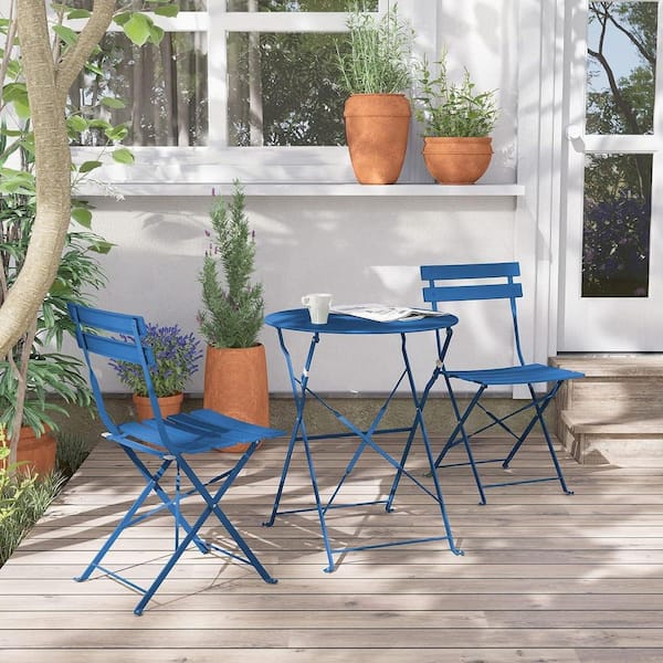 Yangming 3-Piece Steel Frame Round Table Patio Outdoor Bistro Dining Set, Foldable Patio Table and Chairs Furniture, Peacock Blue