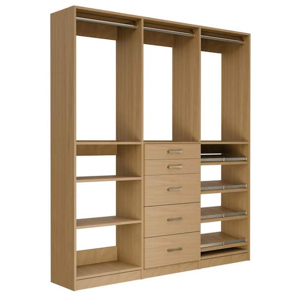 Alto Collection 90 in. W Oak Wall Mounted Hang w Shelves, 5-Drawer w Hang, Hang w Shoe Shelves Wood Closet System